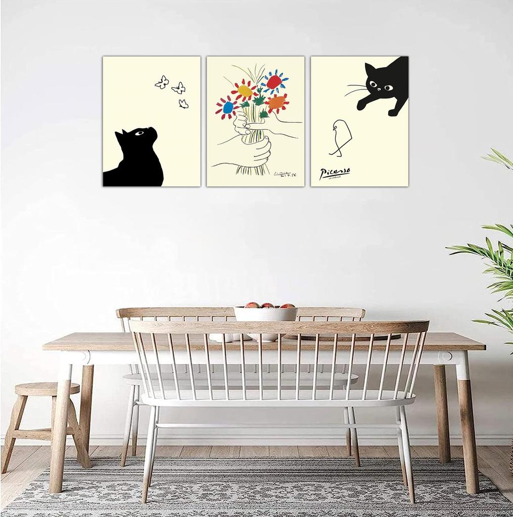 Picasso Cat Painting: Cat and Friendship Flowers, 3-Panel Art Poster, Decorative Painting for Living Room, Sofa Background, Wall Decor, with Wooden Fr