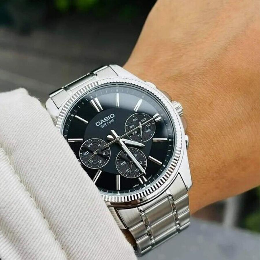 Casio - Three-hand stainless steel strap, black dial men's quartz watch MTP-1375D-1A