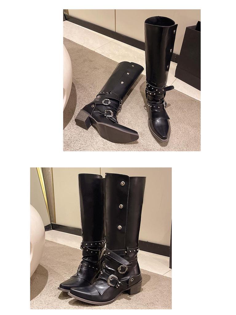 American Retro Rivet Knight Boots - Black Punk Over-the-Knee for Petite Women