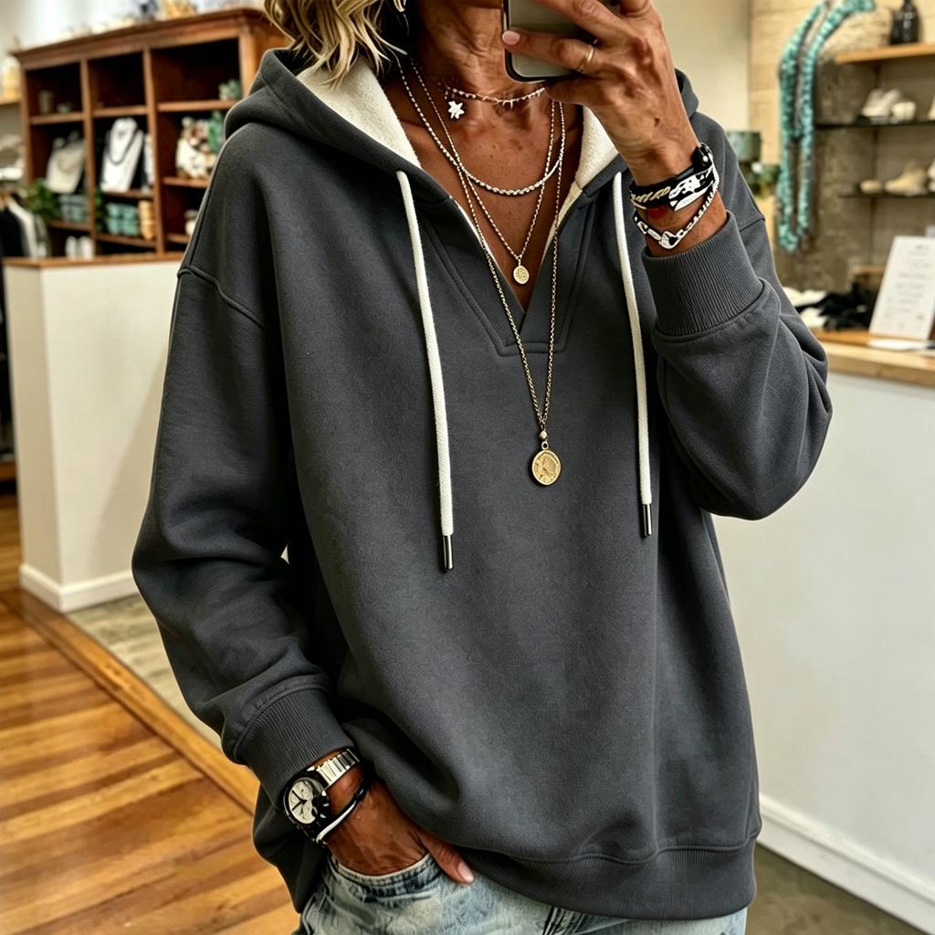 Women's Casual V-Neck Hoodie Color Pullover