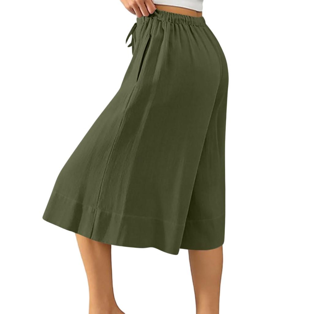 Women’s Wide Leg Culottes Drawstring Waist Loose Fit Pleated Midi Skirt Pants Soft Lightweight Fabric