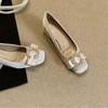 Block Heel Single Shoes Autumn New Square Toe Shallow Slip Rhinestone Button Bow Slip-on Anti-Slip Wear-Resistant Kitten Heels