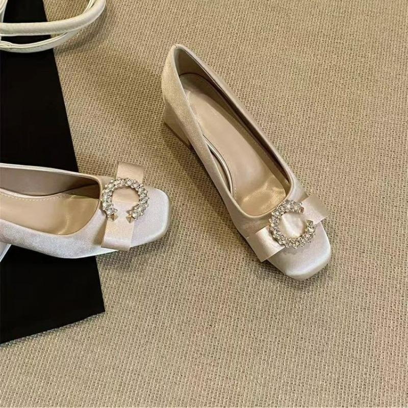 Block Heel Single Shoes Autumn New Square Toe Shallow Slip Rhinestone Button Bow Slip-on Anti-Slip Wear-Resistant Kitten Heels