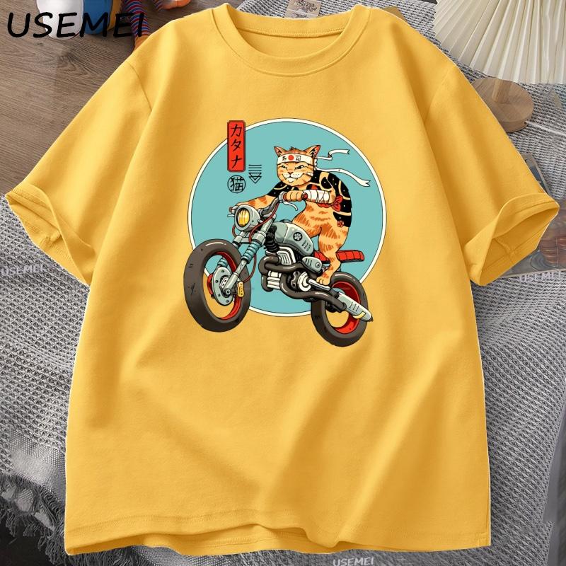 

Cat Motorcycle T Shirt Casual Cotton Short Sleeve T-shirt for Men Japanese Style Vintage Graphic Tees Clothes Streetwear XXL жёлтый