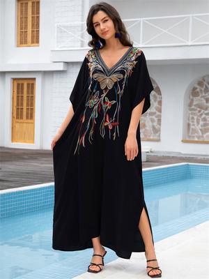 2024 Black Plus Size Kaftan Butterfly Vyšívaný Župan s výstrihom do V Netopier Rukáv Ženy Plážové šaty Plavky Prikrývka Útulné domáce oblečenie Q1703