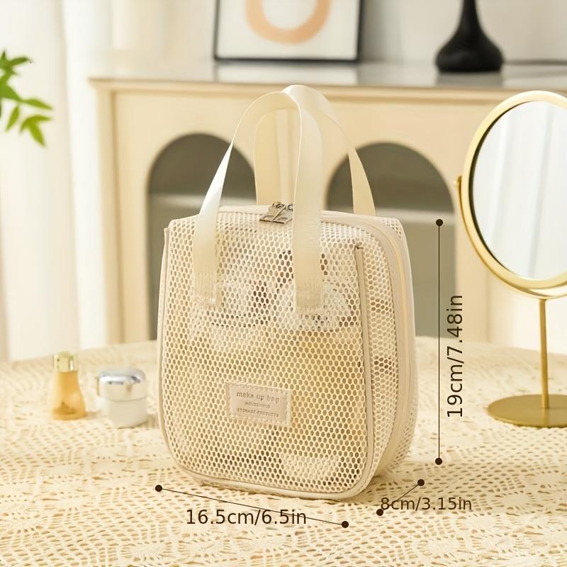 1pc Chic Mesh Cosmetic Bag with Multiple Compartments Breathable, Lightweight Travel Organizer for Women, Portable Shower Tote Bag with Zipper