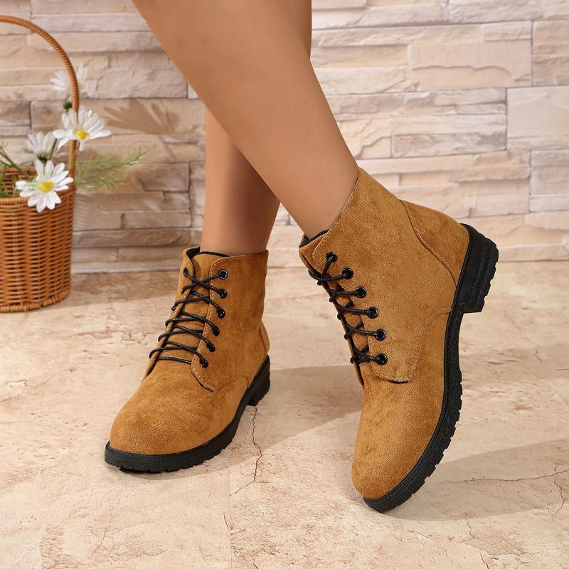 Ретро Ботильоны Осень Новые Круглый Носок Замшевые На Шнуровке Платформа Нескользящие Износостойкие Однотонные Туфли 36