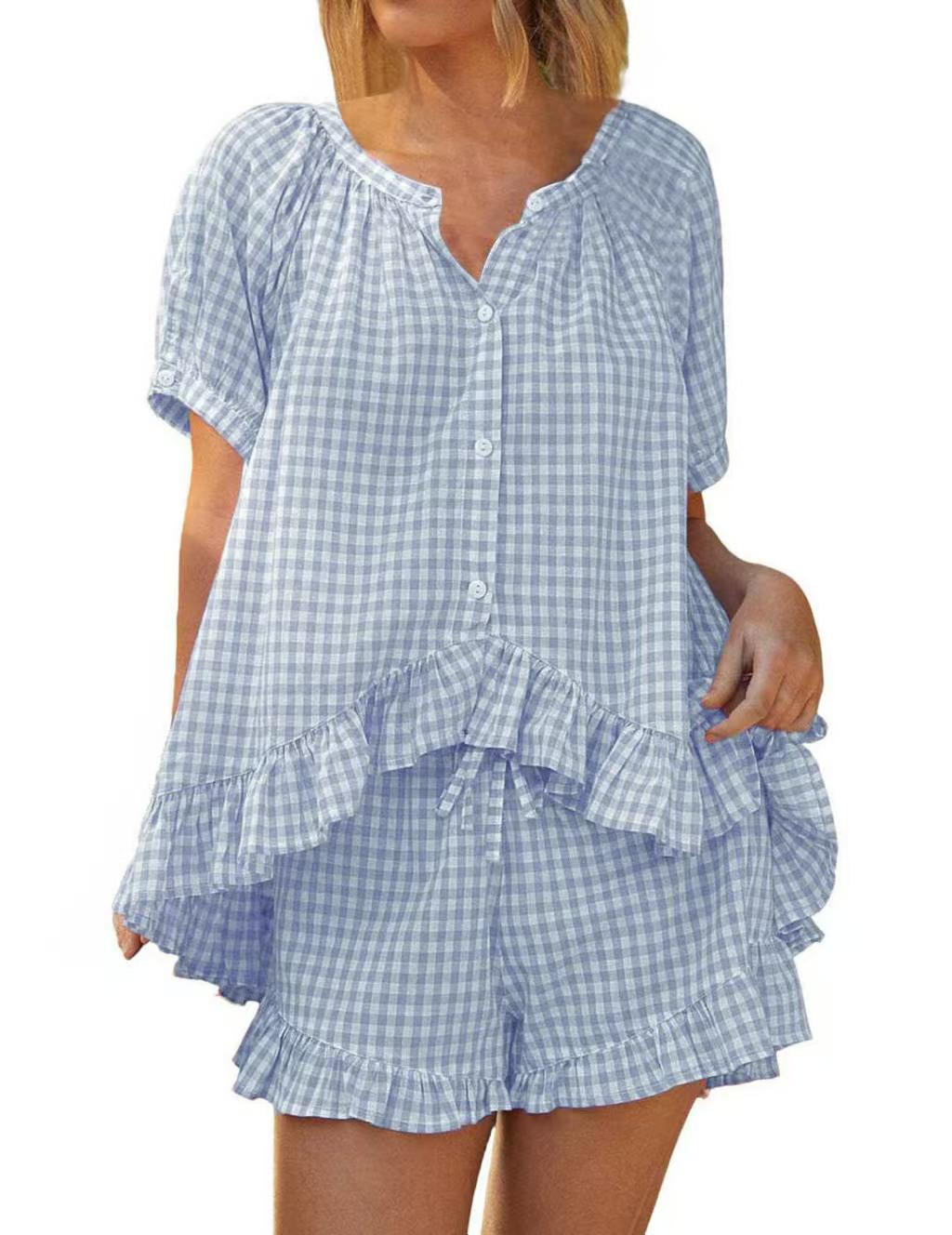 Women s Cotton Plaid 2-Piece Set: Short Sleeve Ruffle Top & Pants XXL