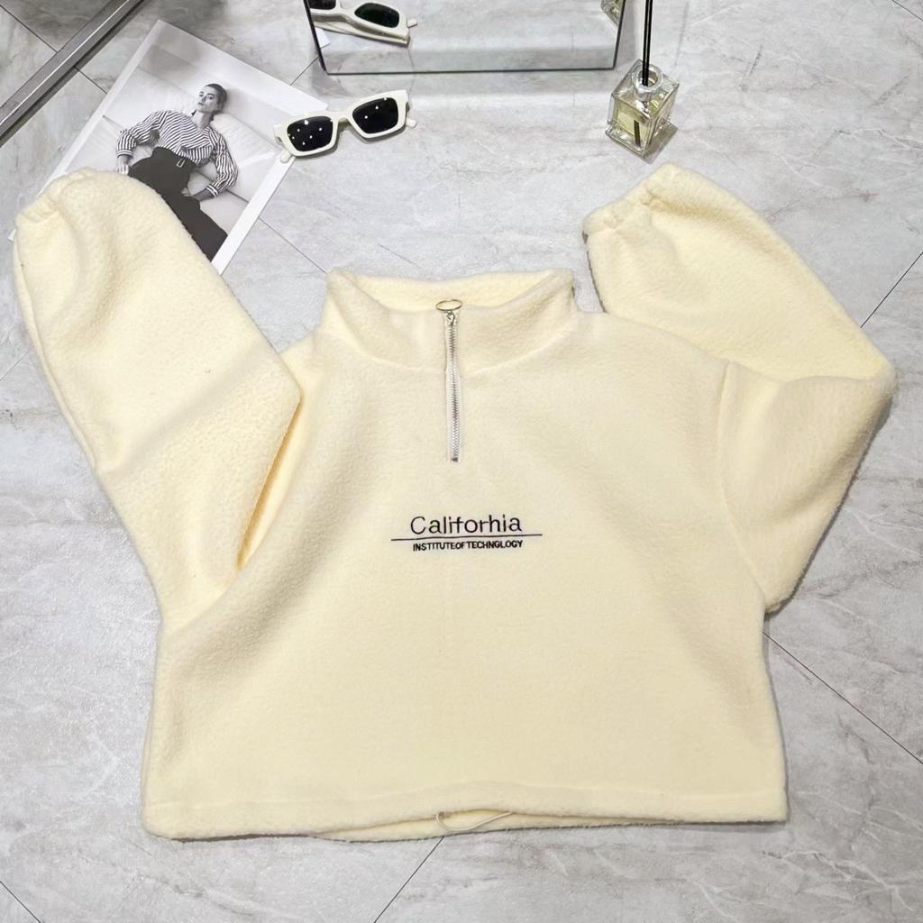 Verdicktes Lammvelours Herbst und Winter Kurzes Halbrollkragen-Reißverschluss-Sweatshirt für Damen Neues Plüsch Plüsch Verdicktes Lockeres Studenten-Oberteil