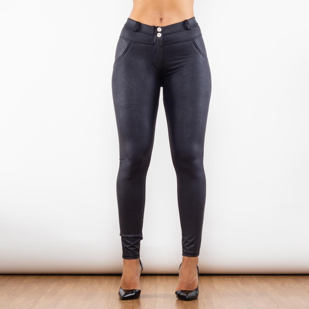 Shascullfites Melody Knisterndes Schwarz beschichtete Damen Leggings Spandex Chinlon Push-Up Po-Lifting Hose Lifting Fitnesshose