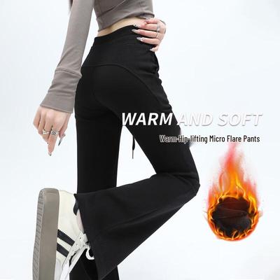 Handu Yishe Women's Fleece-Lined Slim-Fit Flared Pants with Ribbed Waist