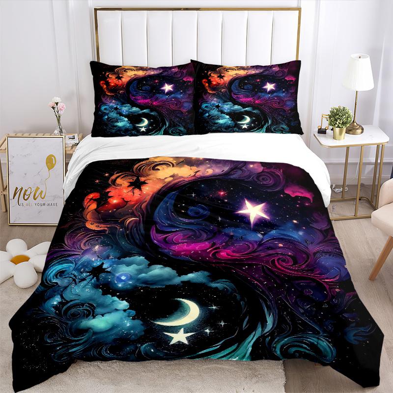 3pcs Celestial Dance In Vibrant Swirls and Stars Bedding Set - 1 Soft Quilt Cover + 2 Pillowcases, Machine Washable - Suitable for All Seaso