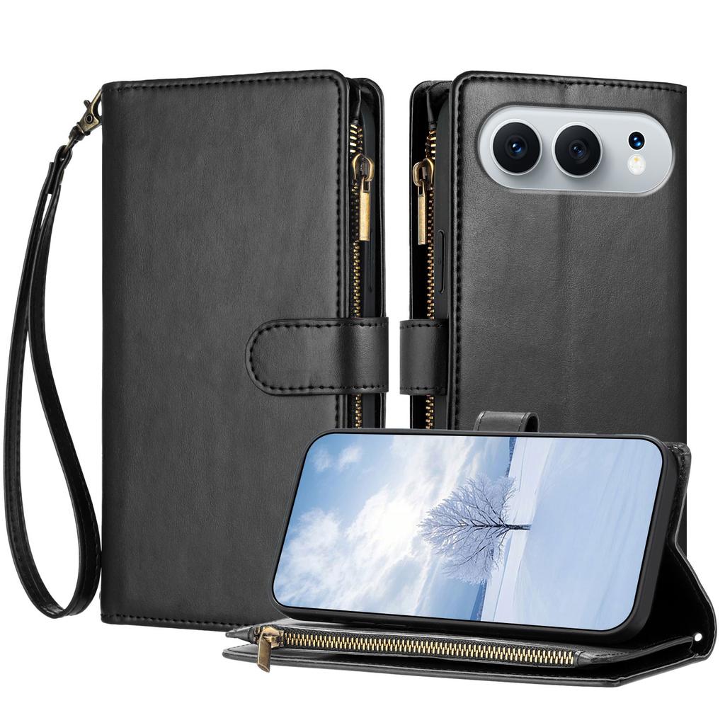 For Honor 500 5G Leather Case Zipper Wallet Stand Shockproof Phone Cover with Wrist Strap