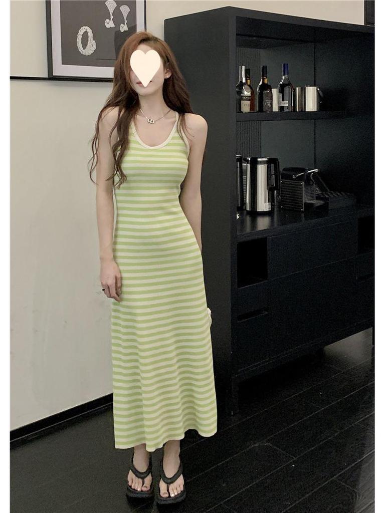 French Style Striped Suspender Knitted Dress: Backless, Slim Fit, Hip-Wrapped, Summer Women's Fashion