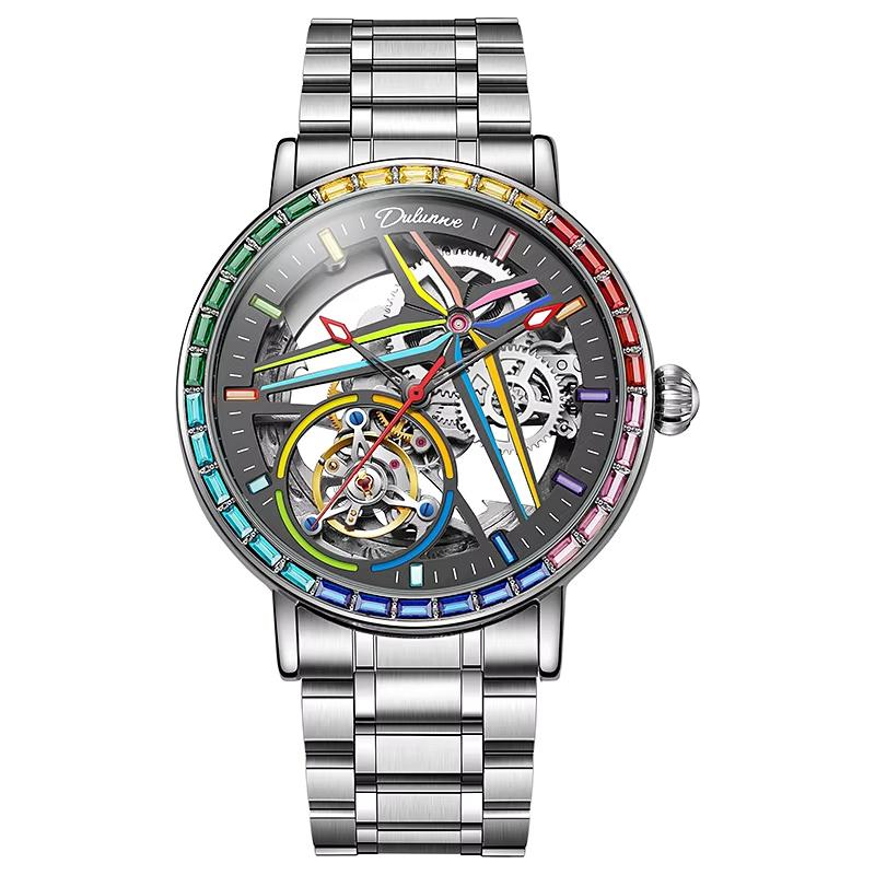 Herrenuhr Topmarke 3ATM Vollstahl Wasserdicht Automatisch Mechanisch Skelett Design Tourbillon Leuchtend Herrenuhr