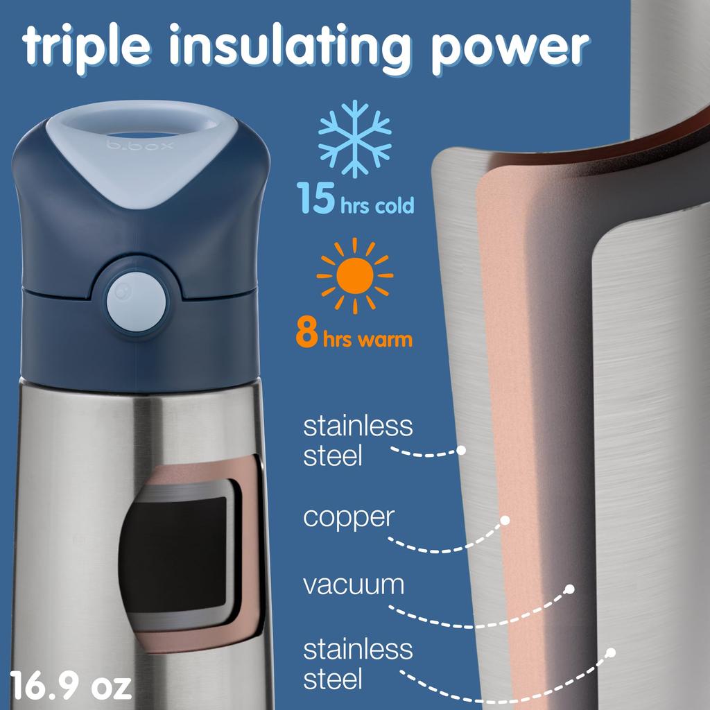 Insulated drink bottle with one push upper rack dishwasher safe genuine steel b.box straw, cold/thermal, type, [b.box product] [Stainless bottle]