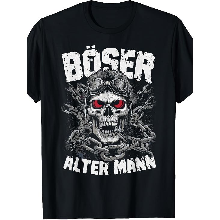Men's Short Sleeve Crew Neck T-Shirt with Grunge Skull Graphic, Red Eyes & Chains, German Text 'Böser Alter Mann', Soft Cotton Feel for Casual Wear
