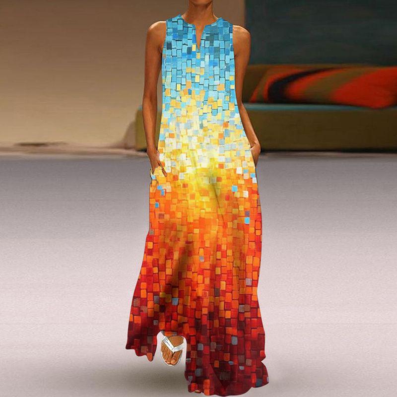

Fashion 3D Reflective Gradient Effect Print Long Skirt Butterfly Flower Multicolor Skirt V Neck Long Silm Dress VLCQ-477 L