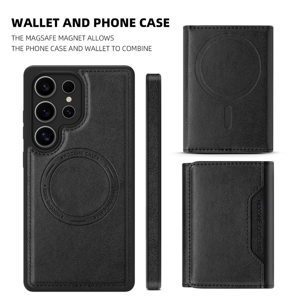 For Samsung Galaxy S25 Ultra Case Compatible with MagSafe Leather Back Phone Cover with Detachable Card Bag