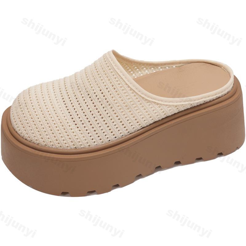 Fashion Women Wedges Slippers 2025 Summer Mesh High Heels Mules Platform Sandals Fashion Dress Outdoor Breathable Heel 7cm Slippers