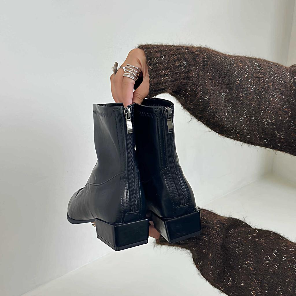 Pointed French Short Boots Women's Shoes Autumn and Winter New Soft Leather Martin Boots Thick Heel Versatile Chelsea Thin Boots