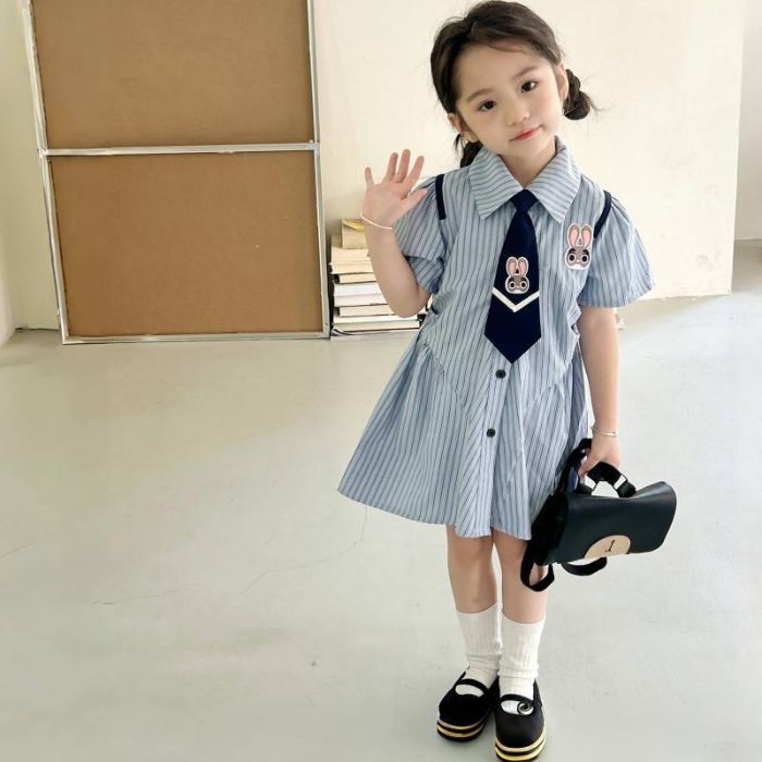 Girls Summer Polo Collar Striped Dress With Rabbit Print Preppy JK Uniform For Big Kids 120