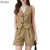 ZANZEA Women Sleeveless Vest Tops and Shorts Summer Two Piece Suit Sets