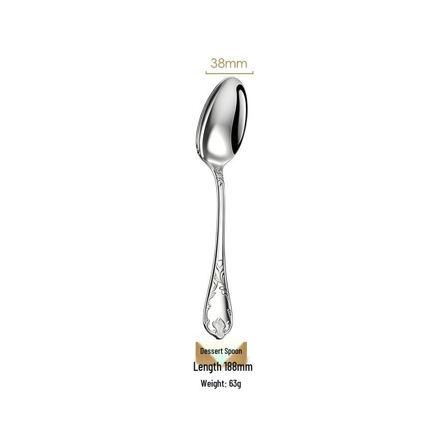 304 Stainless Steel Cutlery Set: French Mirror Finish with Noble Vine Embossed Design - Includes Steak Knife, Fork, Spoon, and Luxury Soup Spoon.