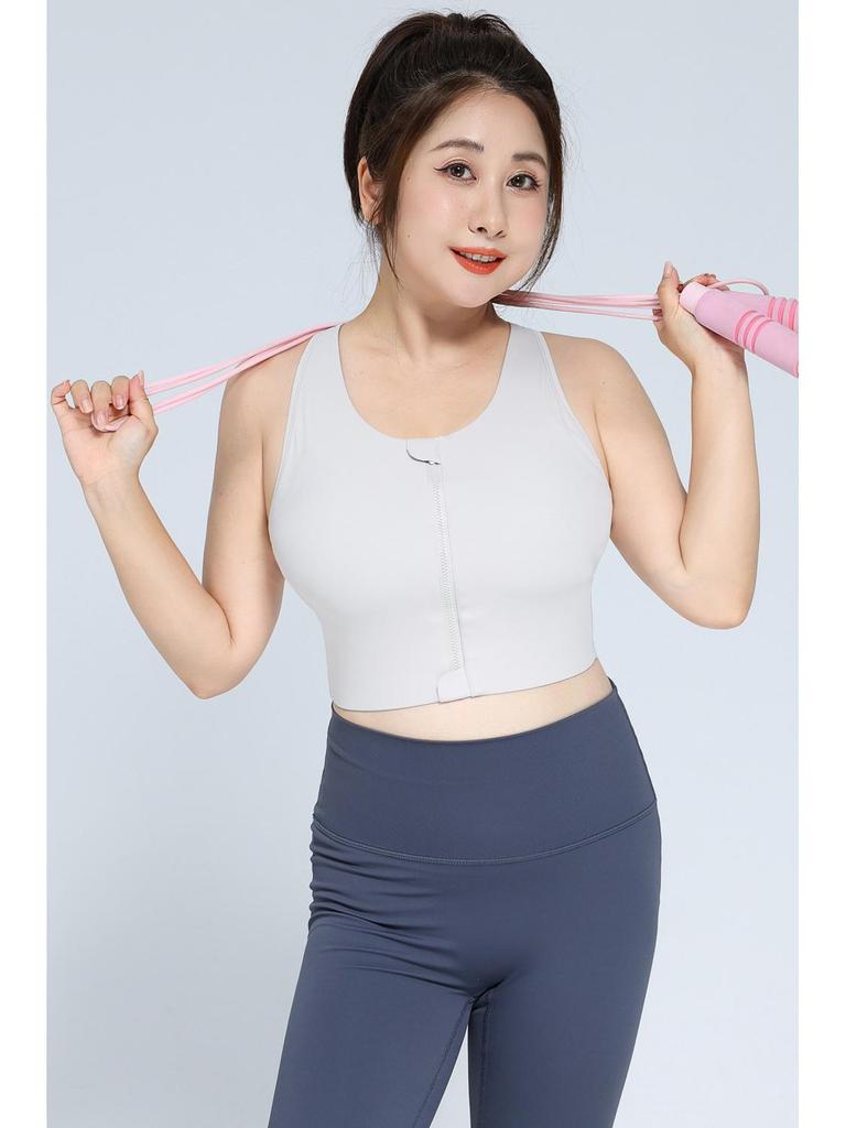 High Waist Tummy Control Sports Bra with Front Zipper, Longline Design, Full Coverage, High Impact Support, and Adjustable Straps.