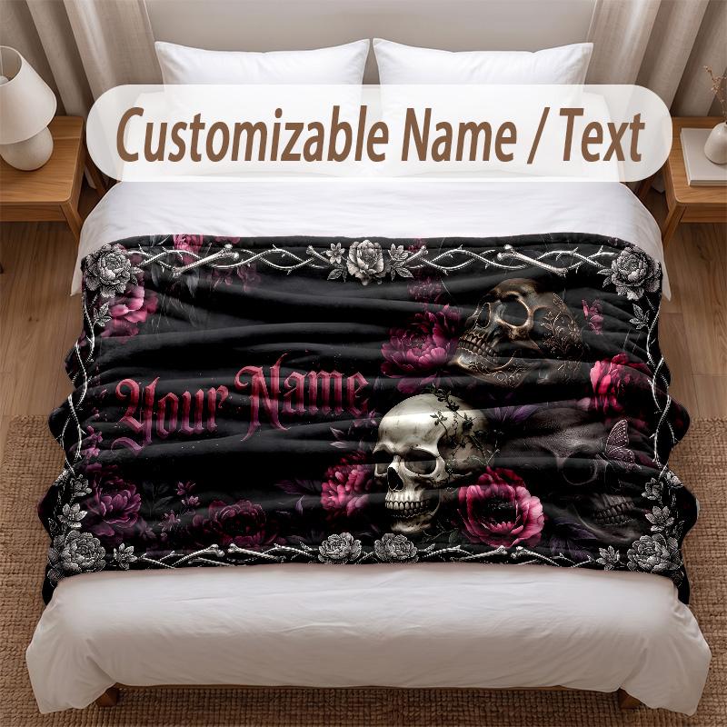 Skull Gothic Theme Soft Blanket Personalized Custom Name Text Print Warm Blanket Home Sofa Bedroom Decor