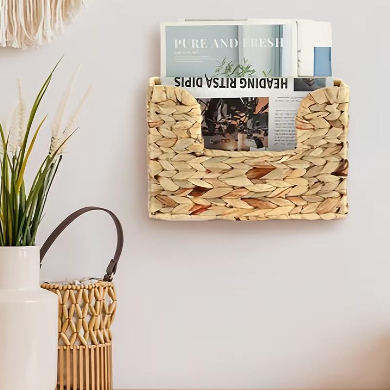 Modern Minimalist Wicker Wallmounted Magazine Rack With Rattan Storage Basket For Home Organization