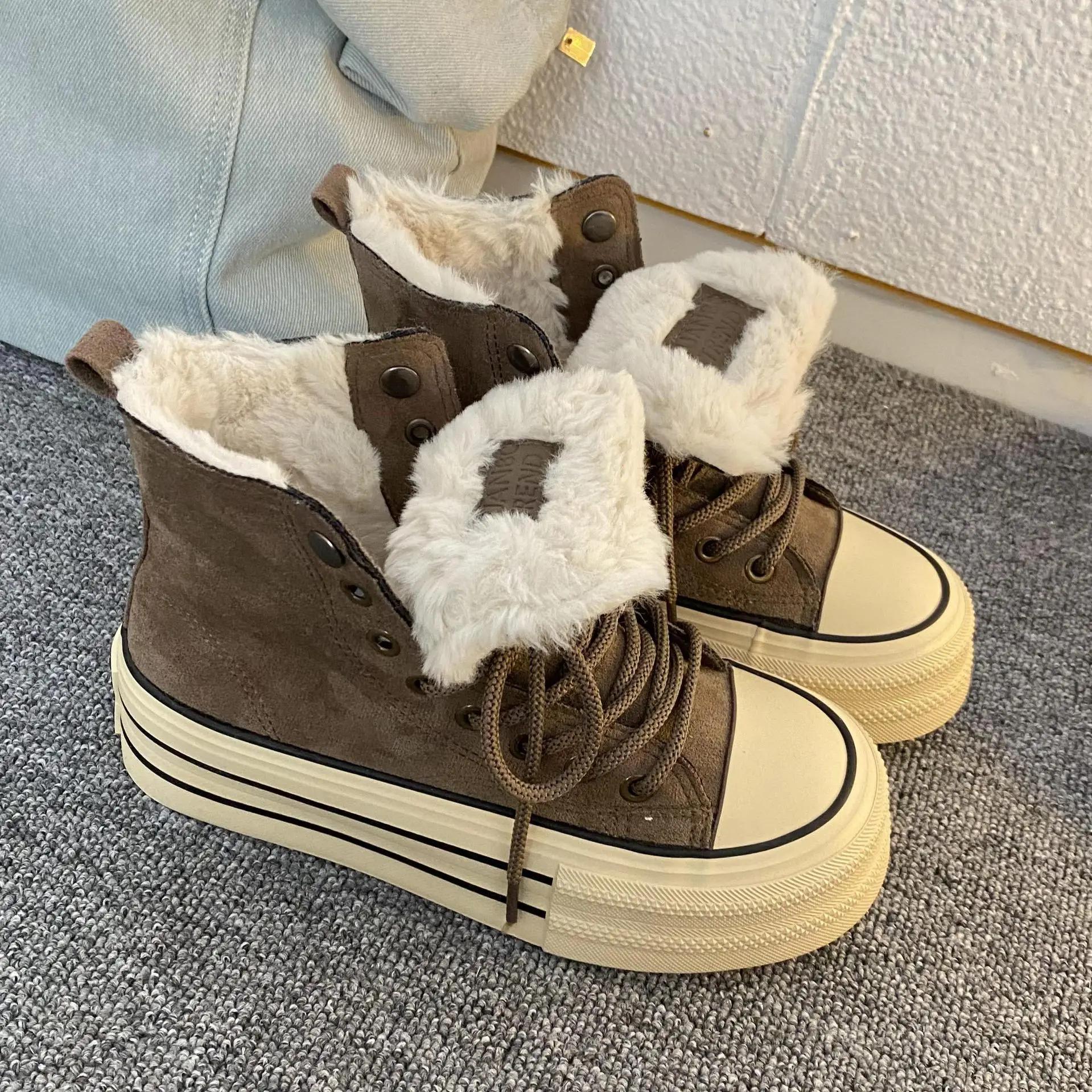 

2025 Зимние женские вулканизированные туфли Мех Женские балетки на плоской подошве Увеличенные женские кроссовки Повседневные женские парусиновые туфли Tenis De Mujer 37 коричневый