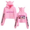 KPop Demon Hunters Group Merch Cute Cat Ear Hoodie Short Cropped Fleece Lined Sweatshirt Women Autumn Winter Graphic Print Clothes