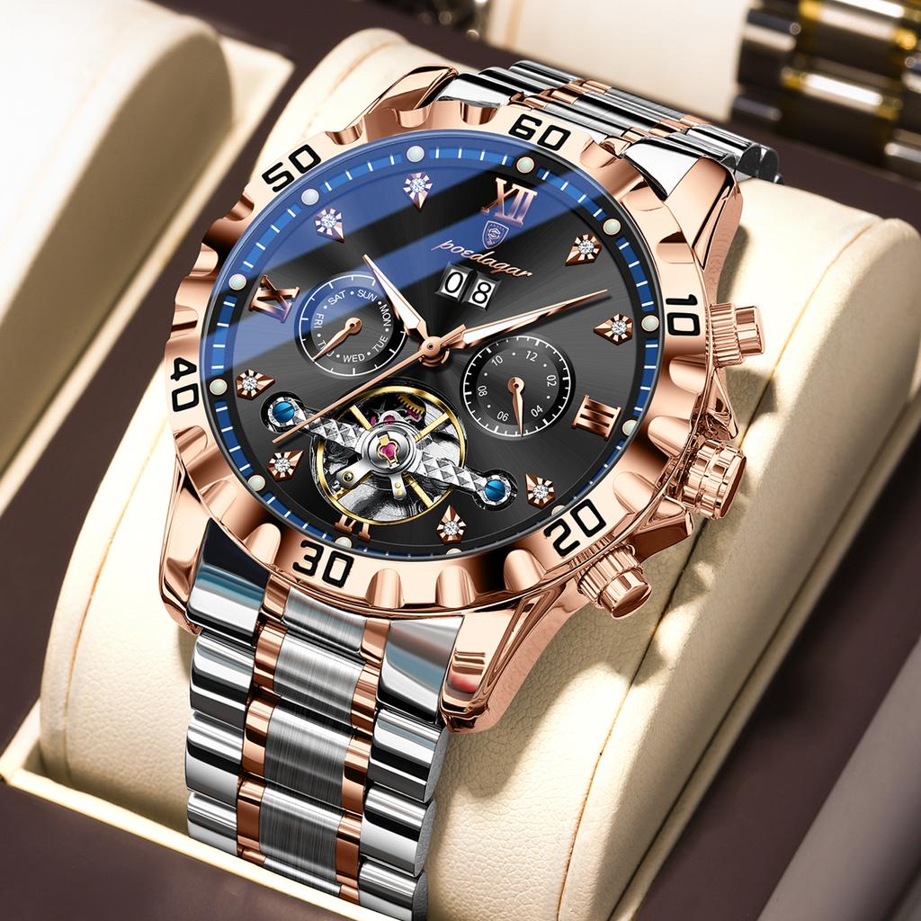POEDAGAR Top Luxury Men Watch Automatic Date Week Man Wristwatch Hollow Tourbillon Mechanical Stainless Steel Watches