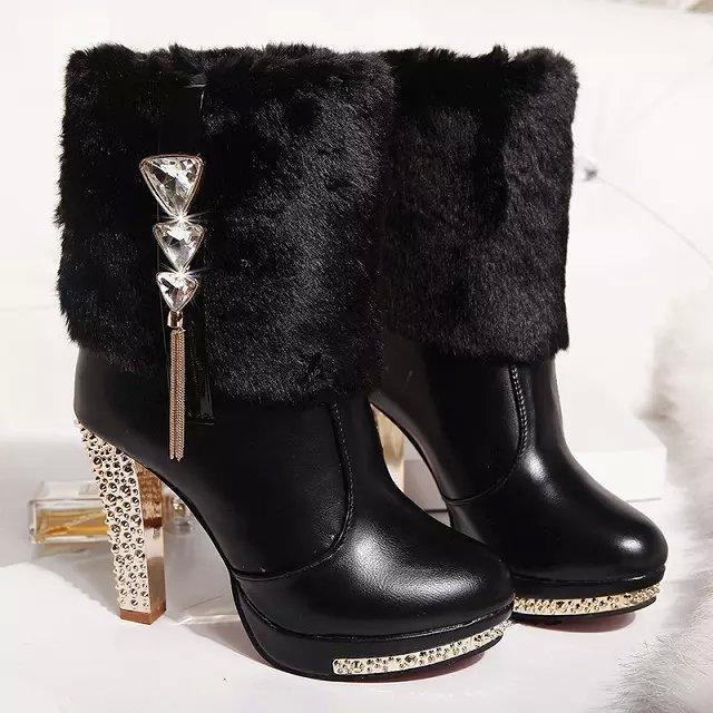 Fur Women Boots Thick High Heel Rhinestone Snow Boots Lady High Heels Female Winter Footwear