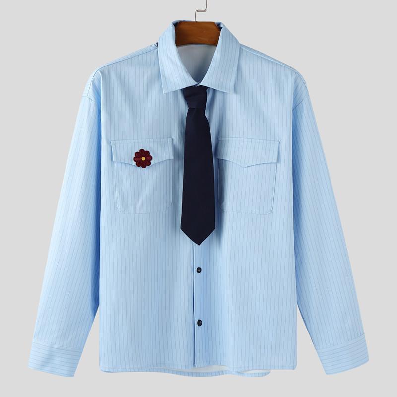 INCERUN Oversized Men Lapel Neck Tie Up Long Sleeve Buttons Embroidery Casual Striped Shirts