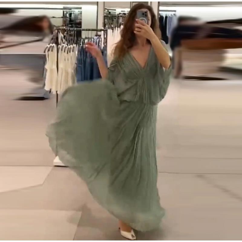 

Женская юбка макси с глубоким V-образным вырезом, плиссировкой на талии и завязками, летнее платье нового стиля, с плиссированным краем, повседневный элегантный стиль L зелёный