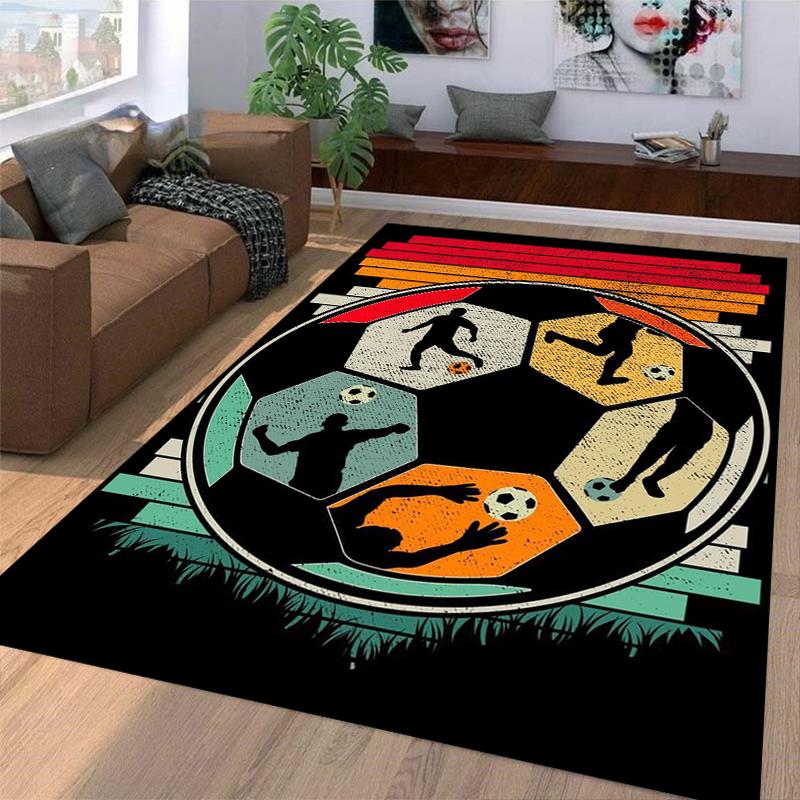 Soccer Ball Pattern Carpet with Player Silhouettes and Retro Design Suitable for use as an anti-slip for living room bedroom sofas