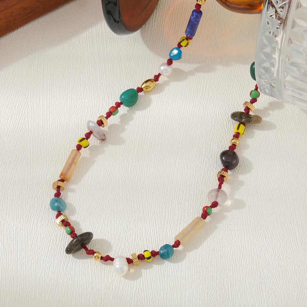 GEMCHIC Women s Vintage Bohemian Multi-Gemstone and Pearl Necklace, Irregular Geometric Style Stainless Steel Beaded Choker