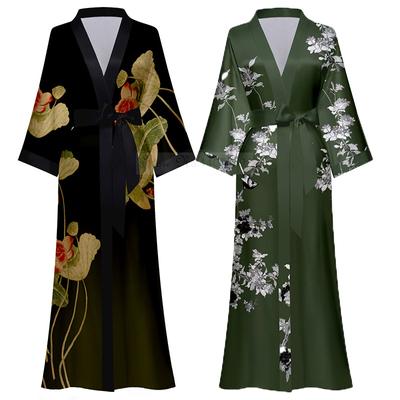 Nauji pavasario vasaros moteriški naktiniai marškiniai su ilgu chalatu Seksualūs gėlėmis rašyti kimono chalatai Laisvalaikio šilko atlaso namų suknelė, poilsio drabužiai