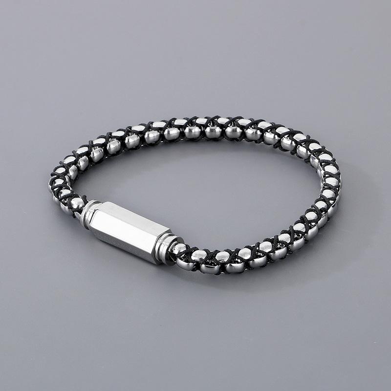 KALEN 210mm Bangle Men Vintage Stainless Steel&Cotton Rope Bracelets 21cm&Vintage