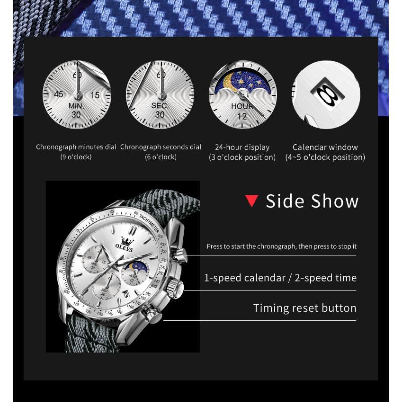 OLEVS New Luxury Man Watch Fashion Nylon Fabric Strap Original Quartz Watch for Men Moon Phase Chrono Multifunction Men's Watch