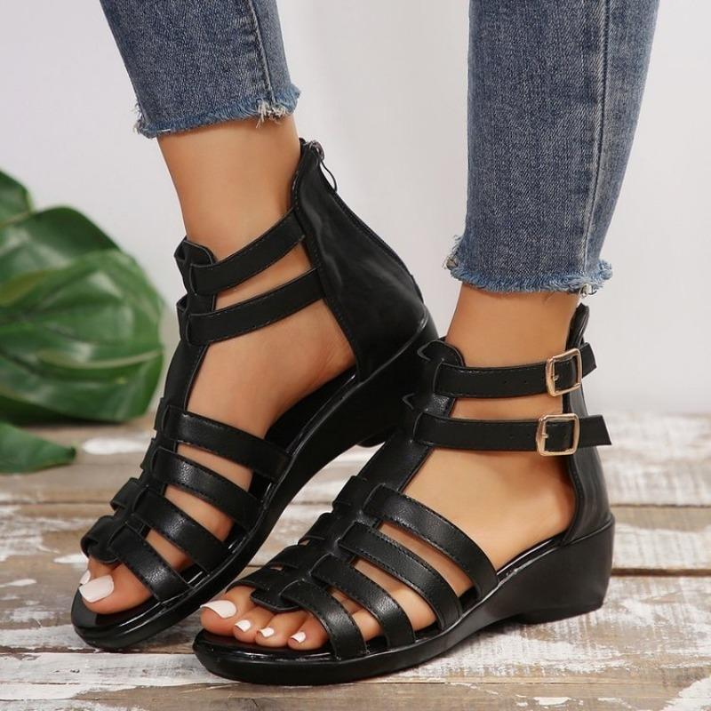 Sandali estivi da donna con plateau e zeppa, punta tonda, sandali aperti, scarpe da spiaggia da donna con cinturino con fibbia, sandali beige da donna