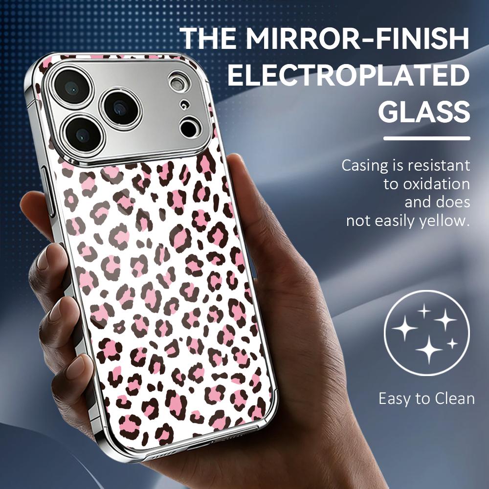 Fashion Leopard Cute Phone Case For iPhone 17 16 15 14 13 12 Pro Max Plus Electroplated Metal Shockproof Bumper Case Glass Back