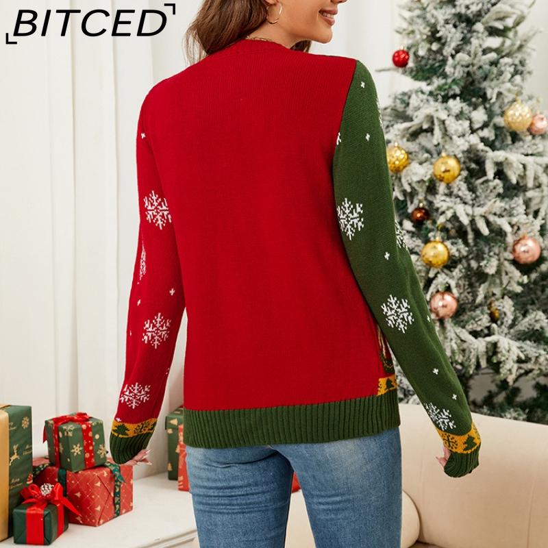 BITCED Fall/Winter Long-Sleeve Knit Cardigan Christmas Sweater Cardigan Color-Block Jacquard Christmas Sweater