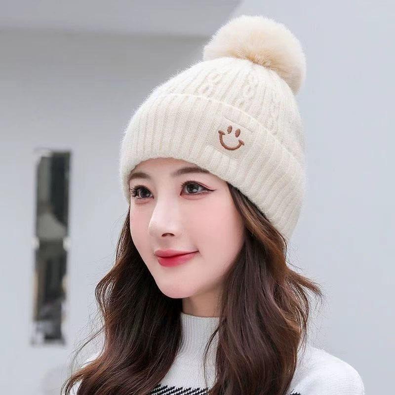 

Женская зимняя шапка-бини вязаная шапка с меховым помпоном толстая плюшевая шапка бини однотонная женская теплая лыжная шапка бежевый