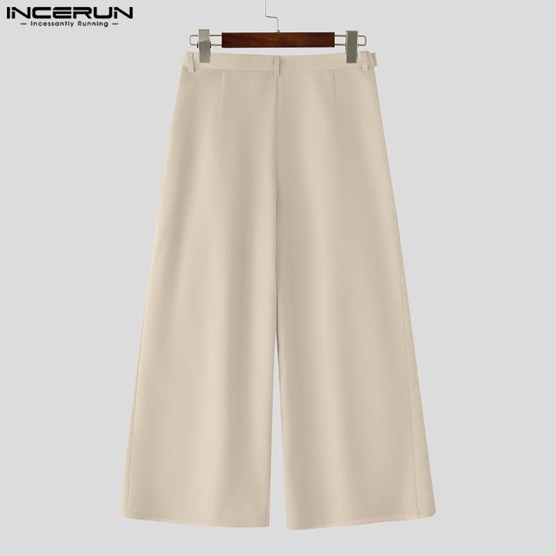 INCERUN Men Zip-up High Waist Casual Long Wide Legs Pants Trousers
