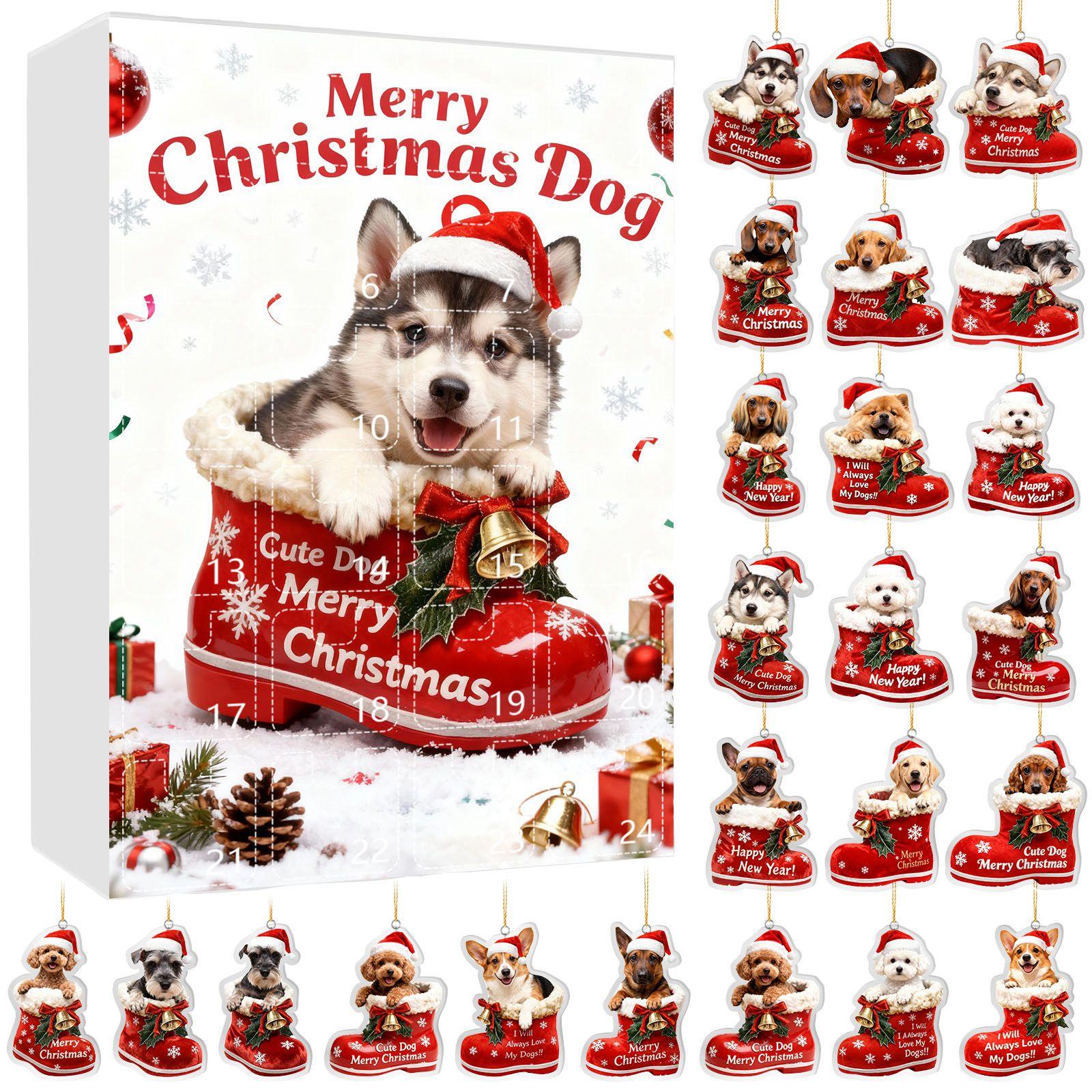 

Рождественский адвент-календарь для собак 24 рождественских украшения на собачью тематику Праздничный календарь обратного отсчета Собаки в красных ботинках Идеально для любителей домашних животных, владельцев домашних животных One Size
