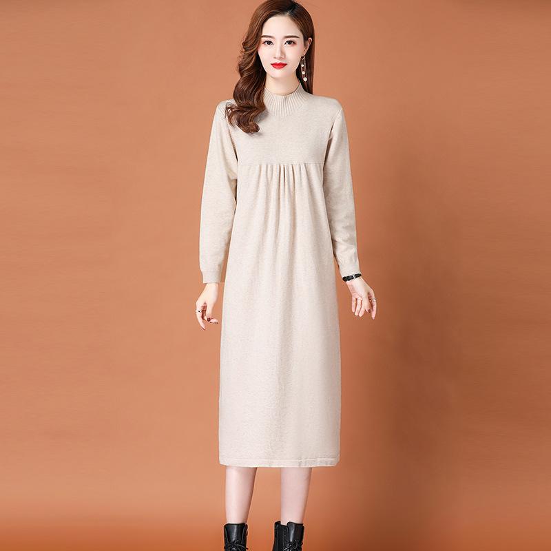 Knitted Dress for Women Loose Mid-length Sweater Long-sleeved Casual Sweater Dress for Autumn and Winter