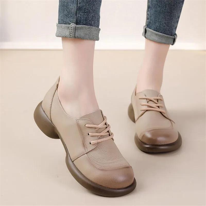 Fashion Cowhide Women Shoes Fashion Mid Heel Thick Soled Genuine Leather Retro Loafers Spring Autumn Flat Women Singles Shoes Mom Shoes